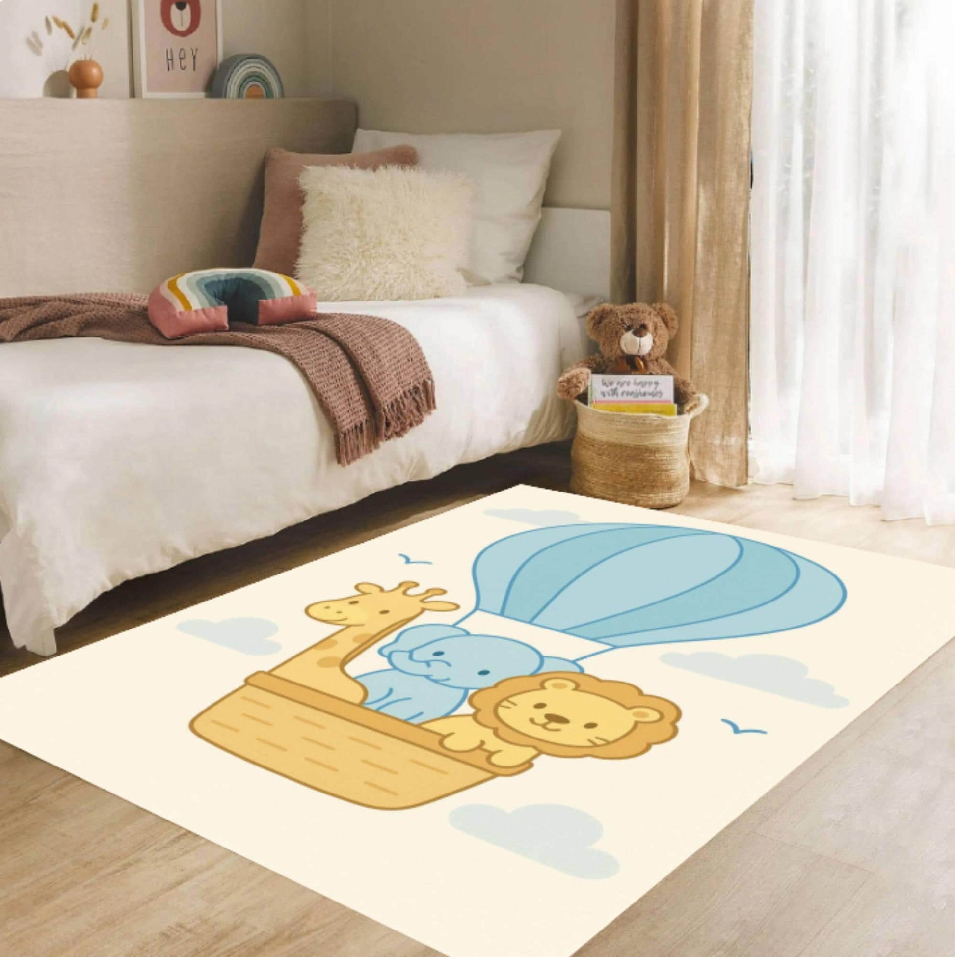 Cute Safari Nursery Area Rug, Washable rug, Non Slip Kids Carpet, Baby Room Floor Mat with Lion Giraffe Elephant Balloon Design