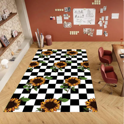 Sunflower Checkered Rug - Black & White Checkerboard Farmhouse Floral Rug
