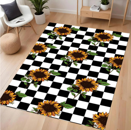 Checkered rug with sunflower pattern on a wooden floor