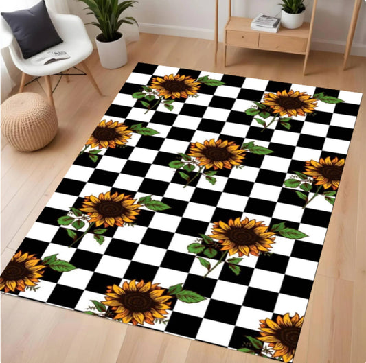 Checkered rug with sunflower pattern on a wooden floor