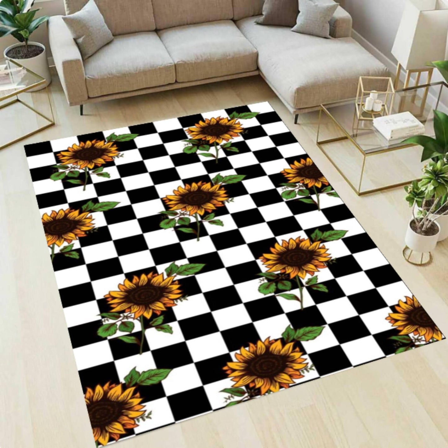Sunflower Checkered Rug - Black & White Checkerboard Farmhouse Floral Rug