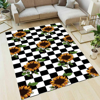 Sunflower Checkered Rug - Black & White Checkerboard Farmhouse Floral Rug