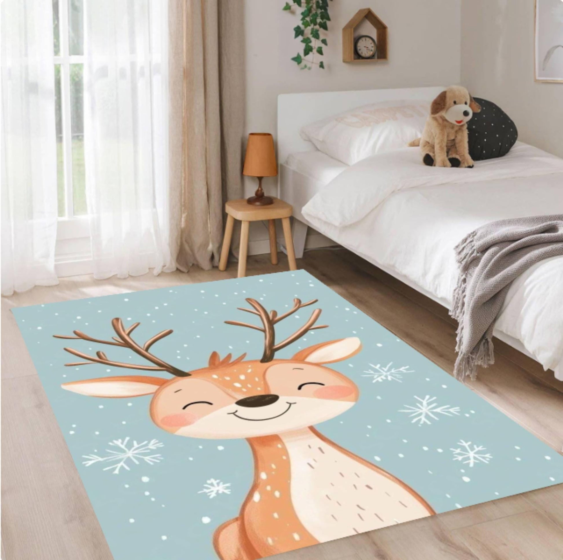 Cute Winter Deer Kids Rug, Nursery Room Decor, Washable Non Slip Area Rug, Woodland Animal Carpet, Baby Room Play Mat, Soft Cozy Floor Rug