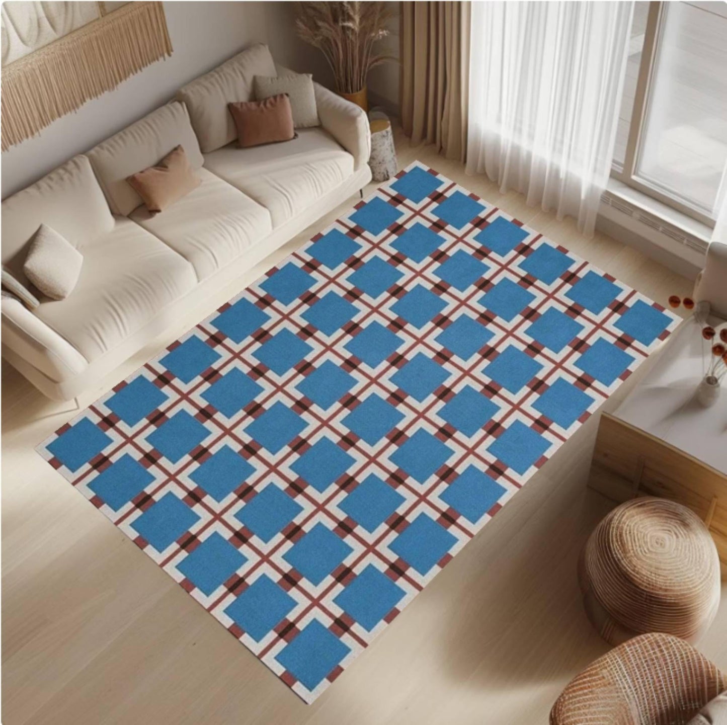 Blue Geometric Washable Non-slip Modern Rug