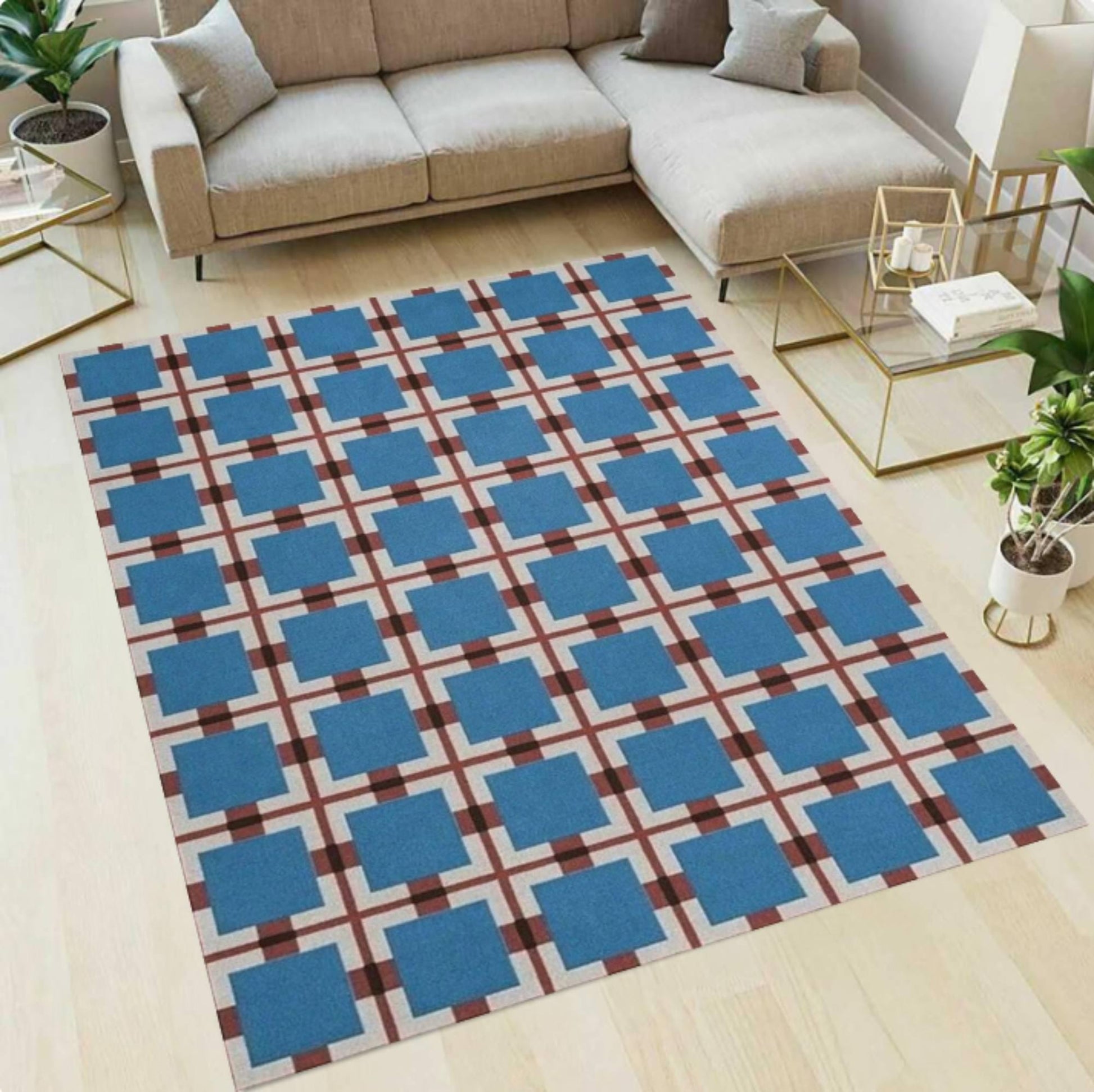 Blue and brown checkered rug on a wooden floor in a living room setting.