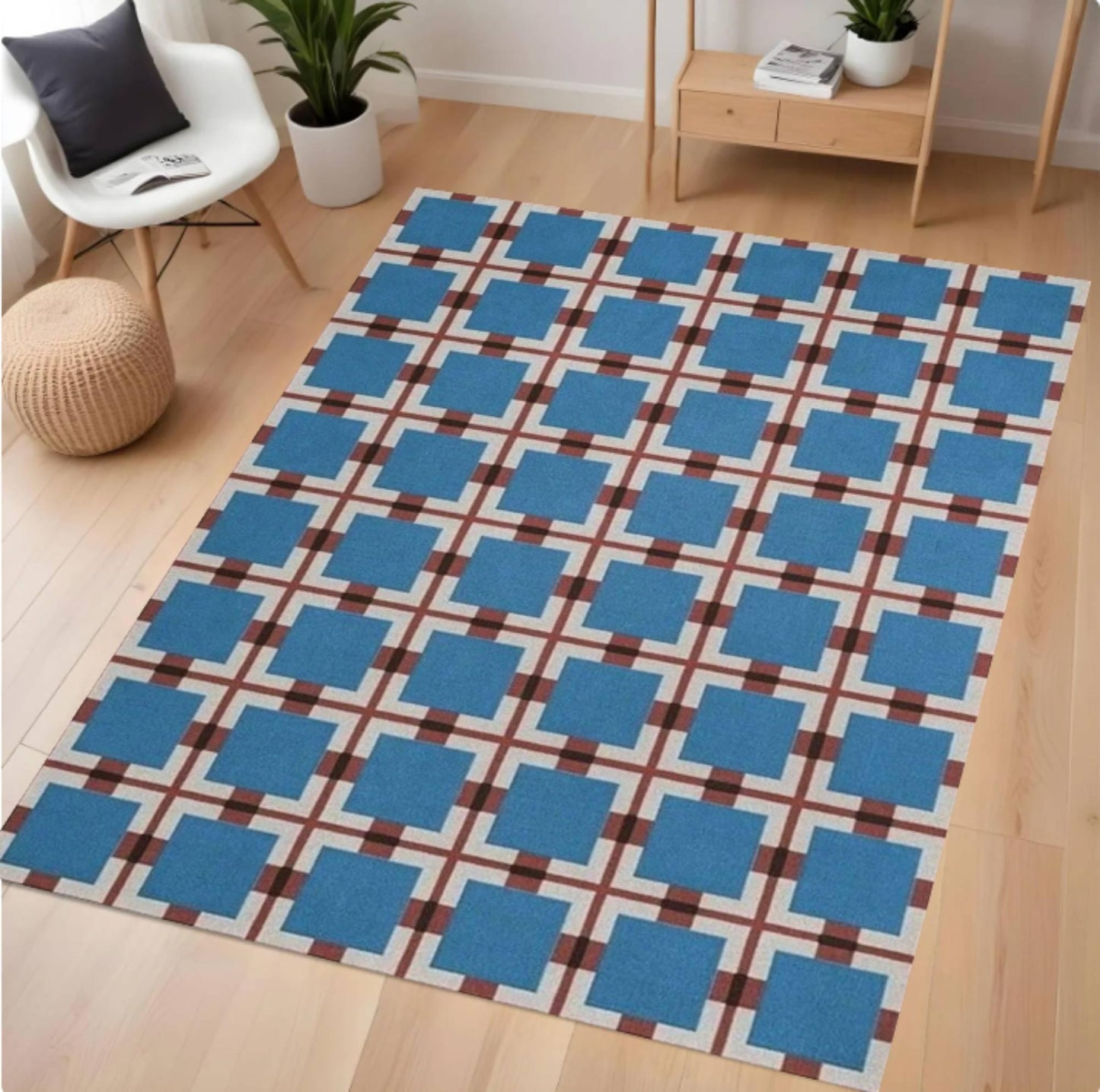 Blue Geometric Washable Non-slip Modern Rug