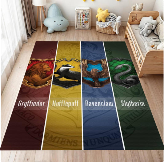 Four-colored rug with Hogwarts house symbols in a room setting.