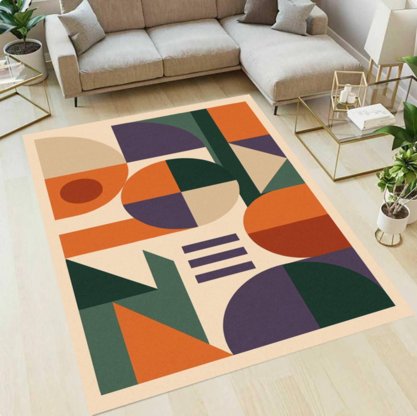 Mid-Century Modern Geometric Area Rug – Abstract Art Washable