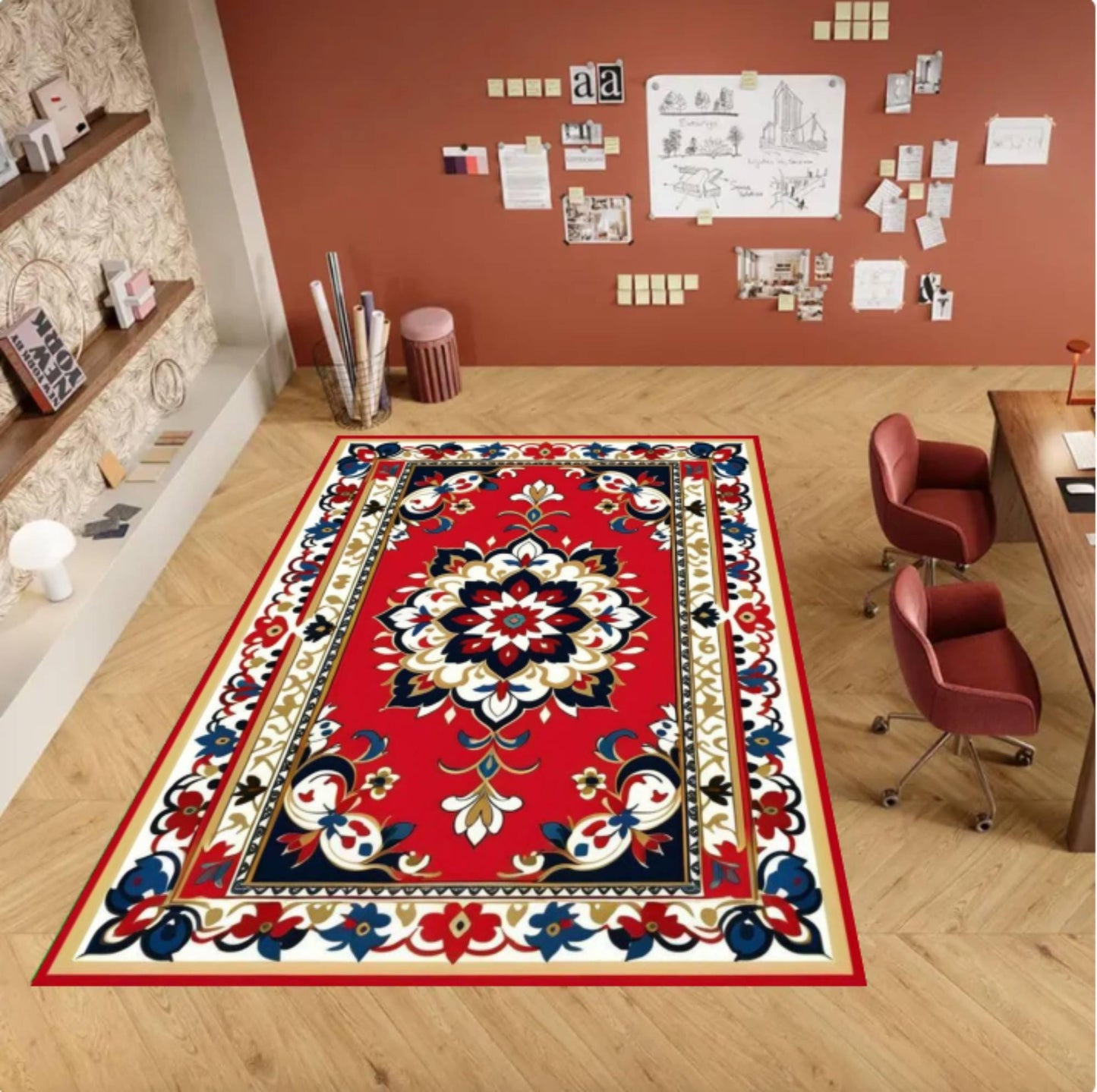 Red Oriental Rug Vintage Rug with Floral Medallion Washable Non-slip