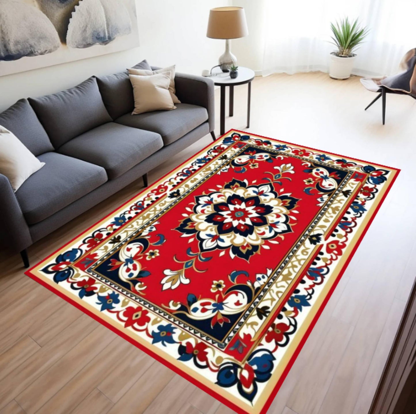 Red Oriental Rug Vintage Rug with Floral Medallion Washable Non-slip