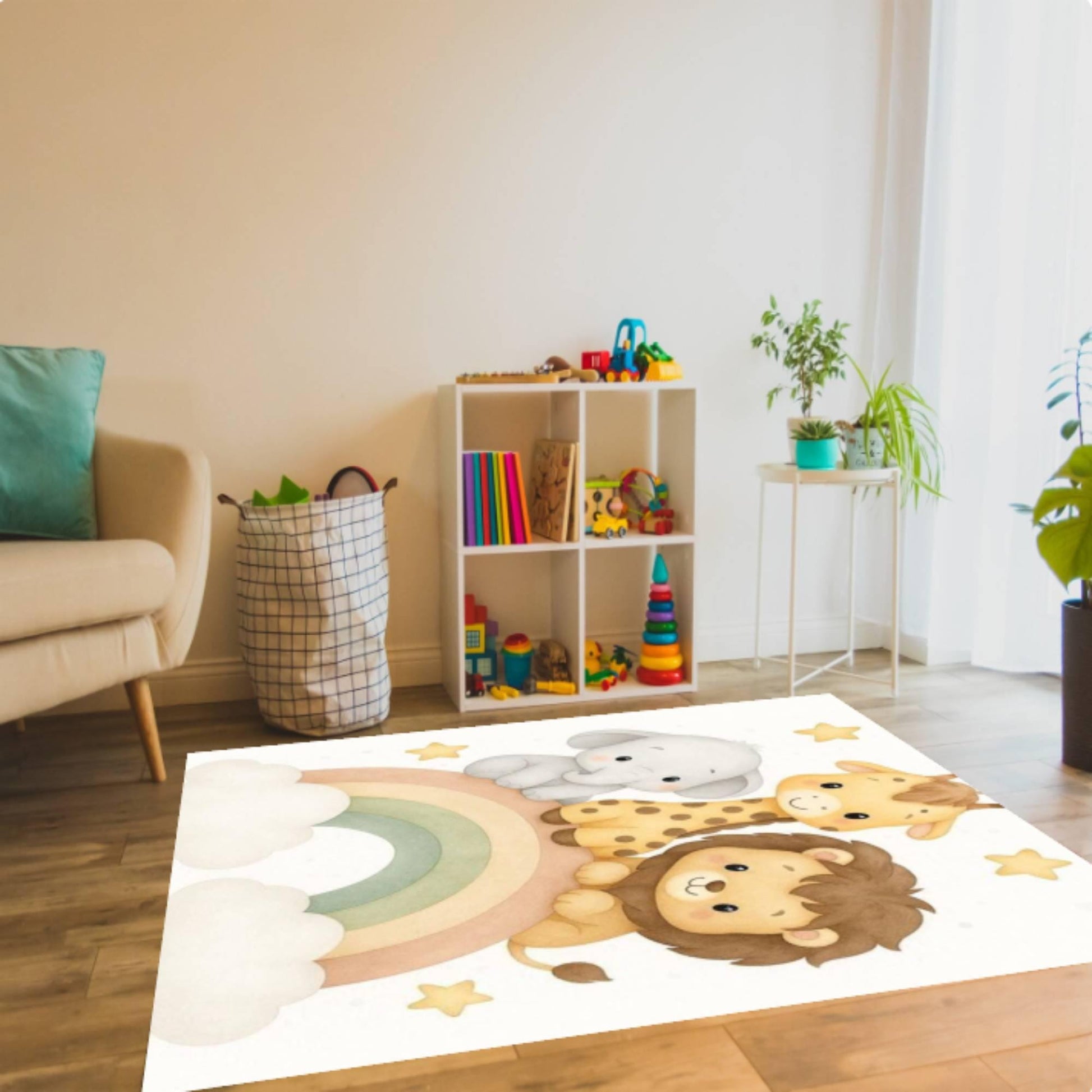 Safari Animals Rainbow Kids Rug, Nursery Playroom Decor Carpet, Cute Lion Giraffe Elephant Design, Washable Rug, Non Slip Backing