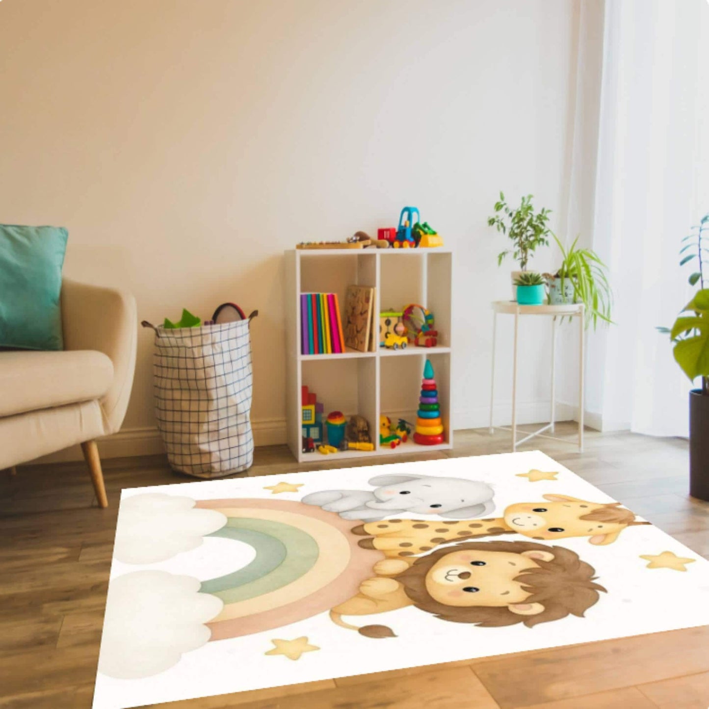 Safari Animals Rainbow Kids Room Playroom Decor Rug