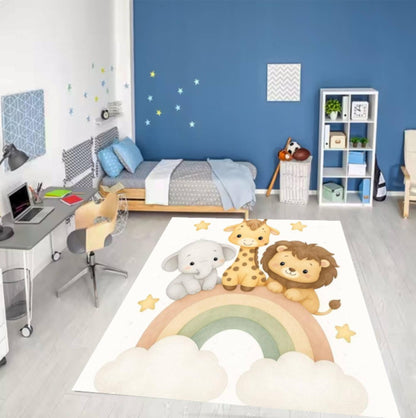 Safari Animals Rainbow Kids Room Playroom Decor Rug
