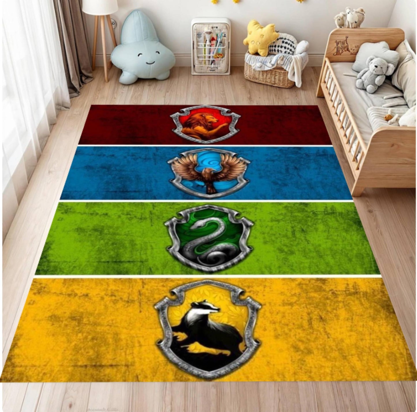 Colorful rug with Hogwarts house crests in a child's room