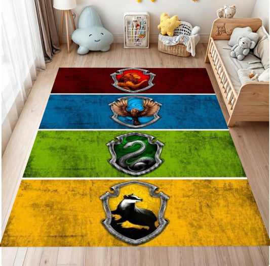 Colorful rug with Hogwarts house crests in a child's room