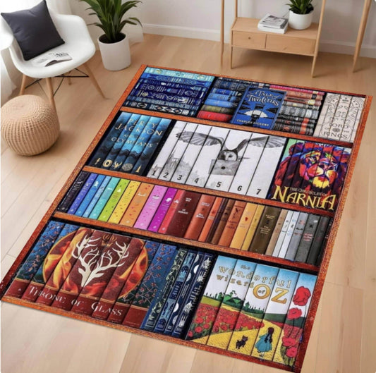 Decorative rug with book illustrations on a wooden floor