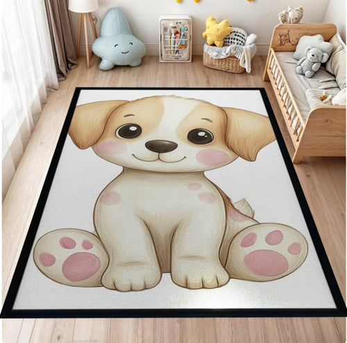 Children's room with a rug featuring a cartoon dog design.