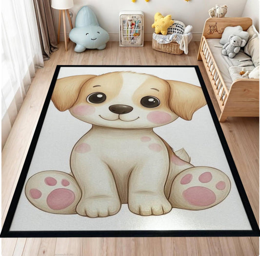 Children's room with a rug featuring a cartoon dog design.
