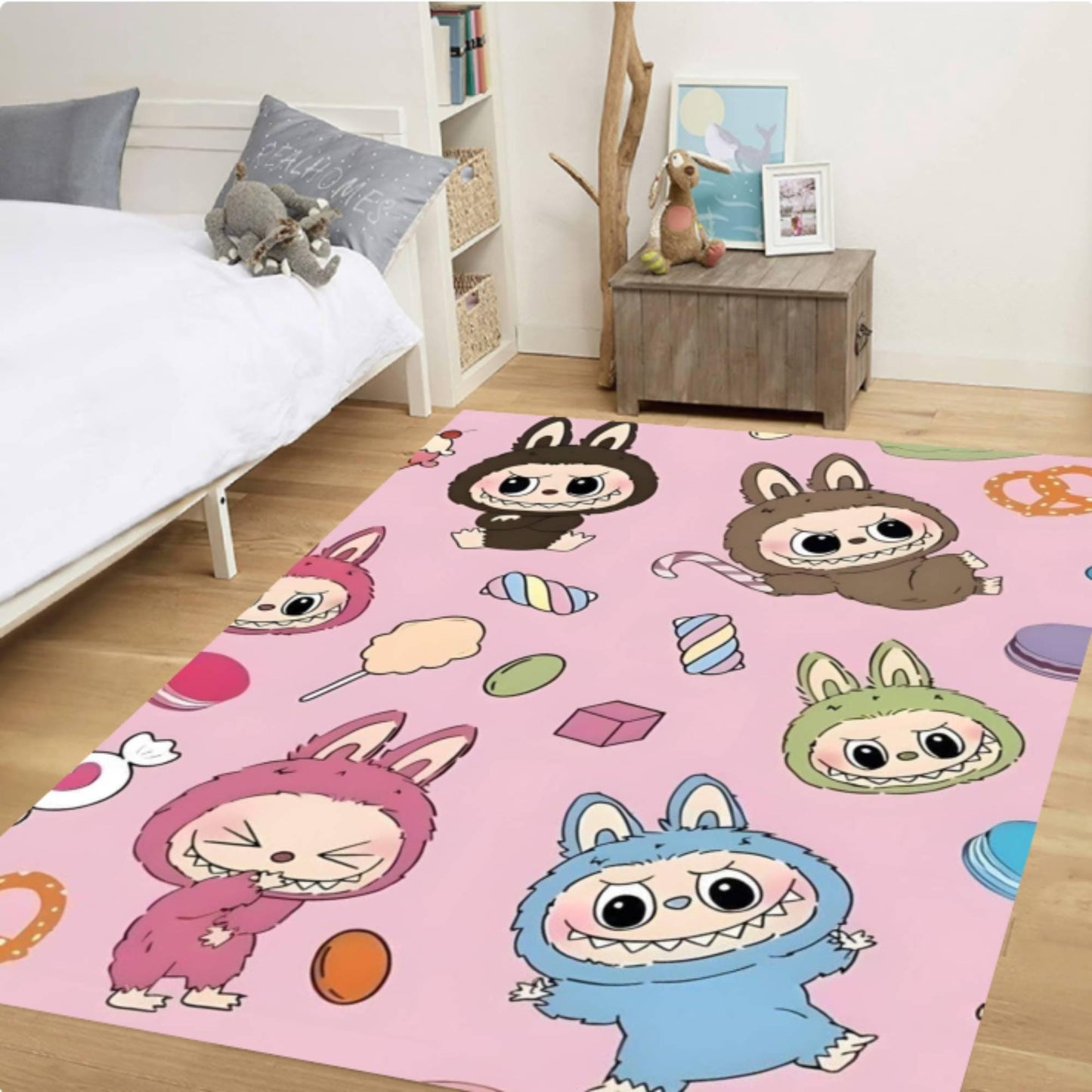 Cute Cartoon Bunny Kids Rug Pink Playroom Floor Mat