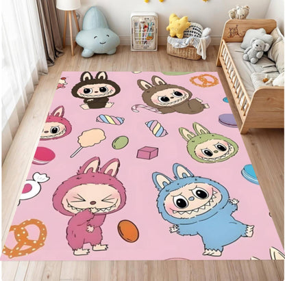 Children's room with a pink rug featuring cartoon characters and toys.