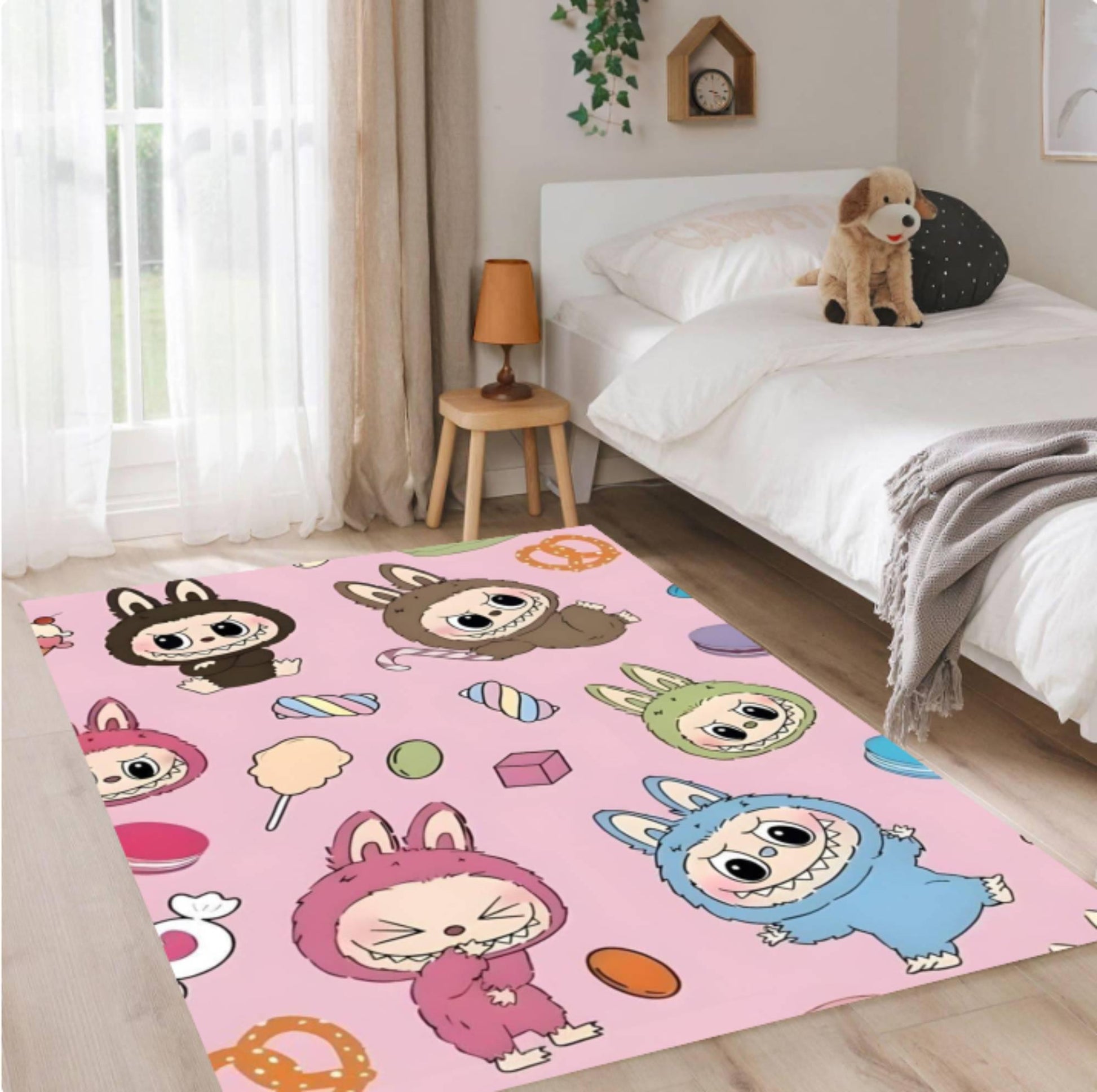Cute Cartoon Bunny Kids Area Rug, Pink Playroom Floor Mat, Kawaii Nursery Decor, Washable Rug, Non Slip Backing, Toddler Bedroom Carpet