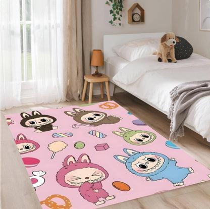 Cute Cartoon Bunny Kids Rug Pink Playroom Floor Mat
