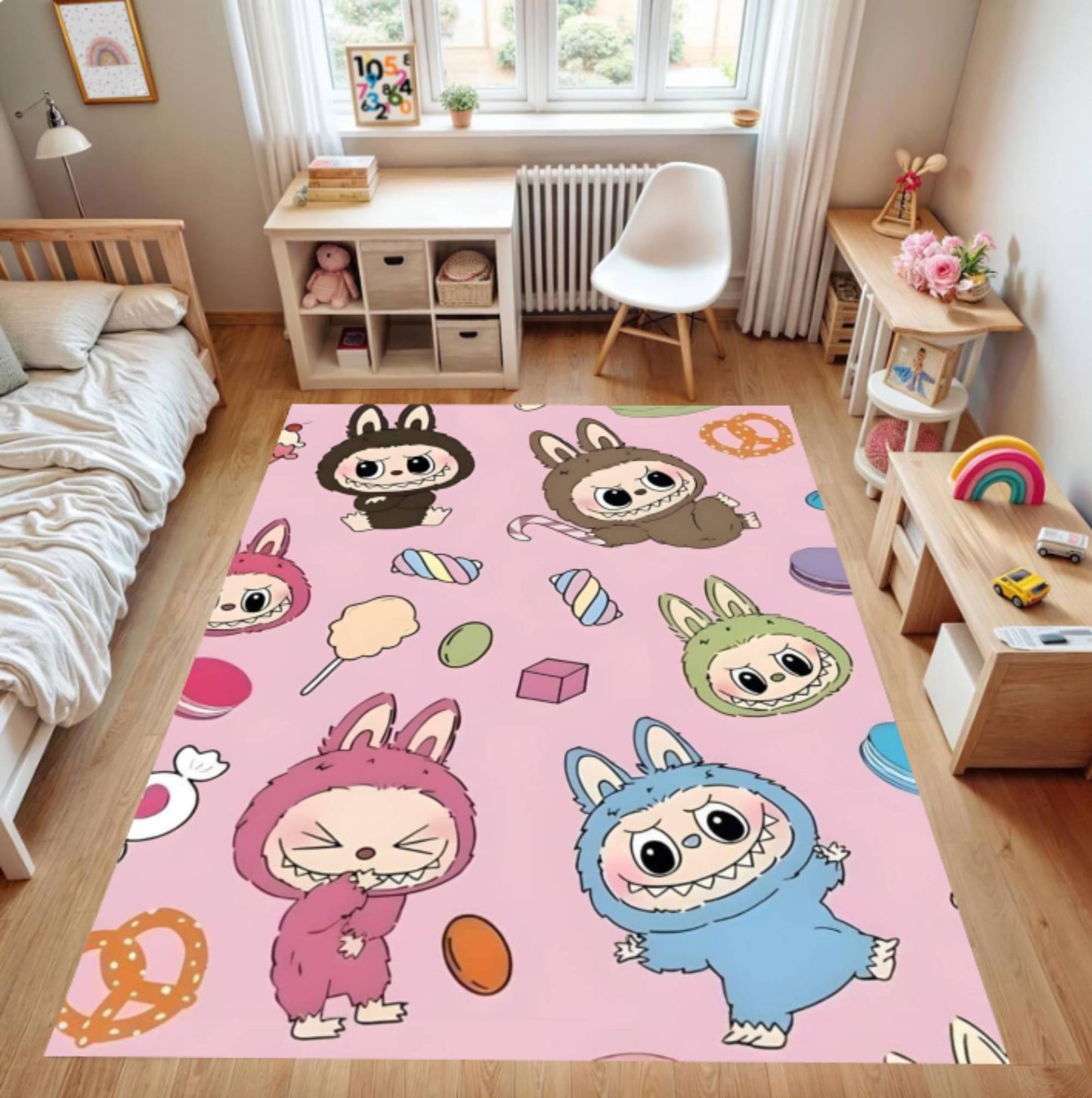 Cute Cartoon Bunny Kids Rug Pink Playroom Floor Mat