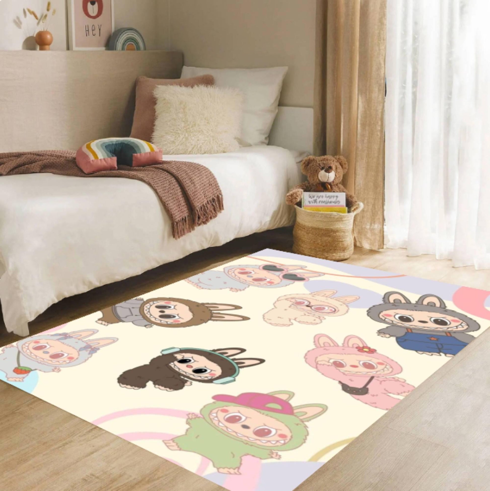 Cute Bunny Character Kids Rug, Pastel Nursery Area Rug, Cartoon Playroom Floor Mat,Washable Kids Carpet, Non Slip Backing,Toddler Room Decor