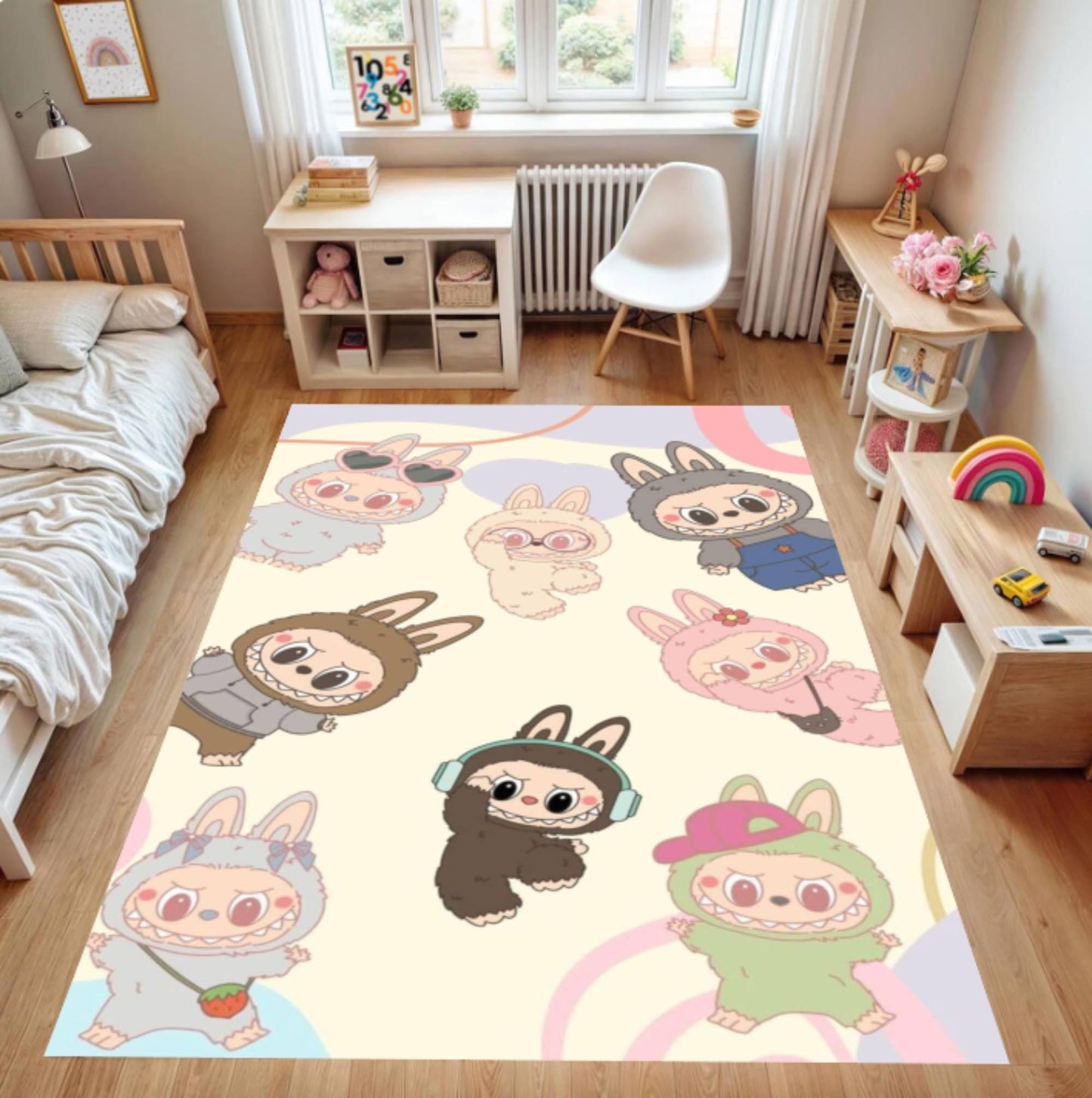 Children's room with a colorful rug featuring cartoon characters on a wooden floor.