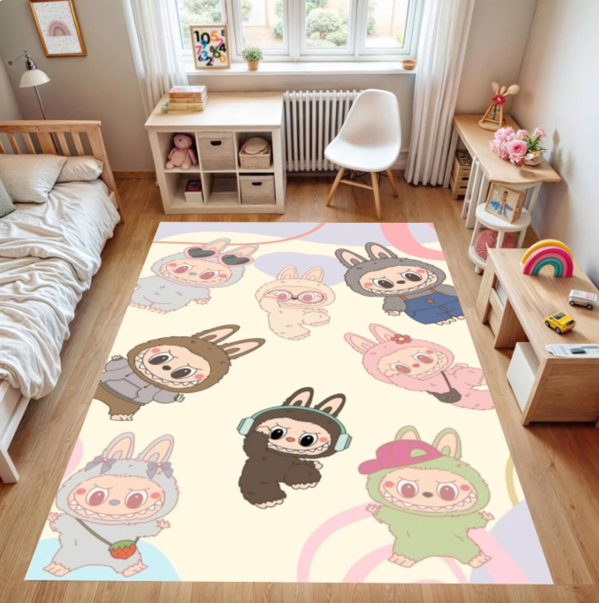 Children's room with a colorful rug featuring cartoon characters on a wooden floor.