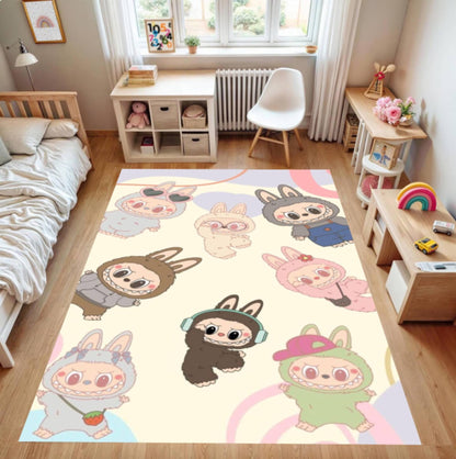 Children's room with a colorful rug featuring cartoon characters on a wooden floor.