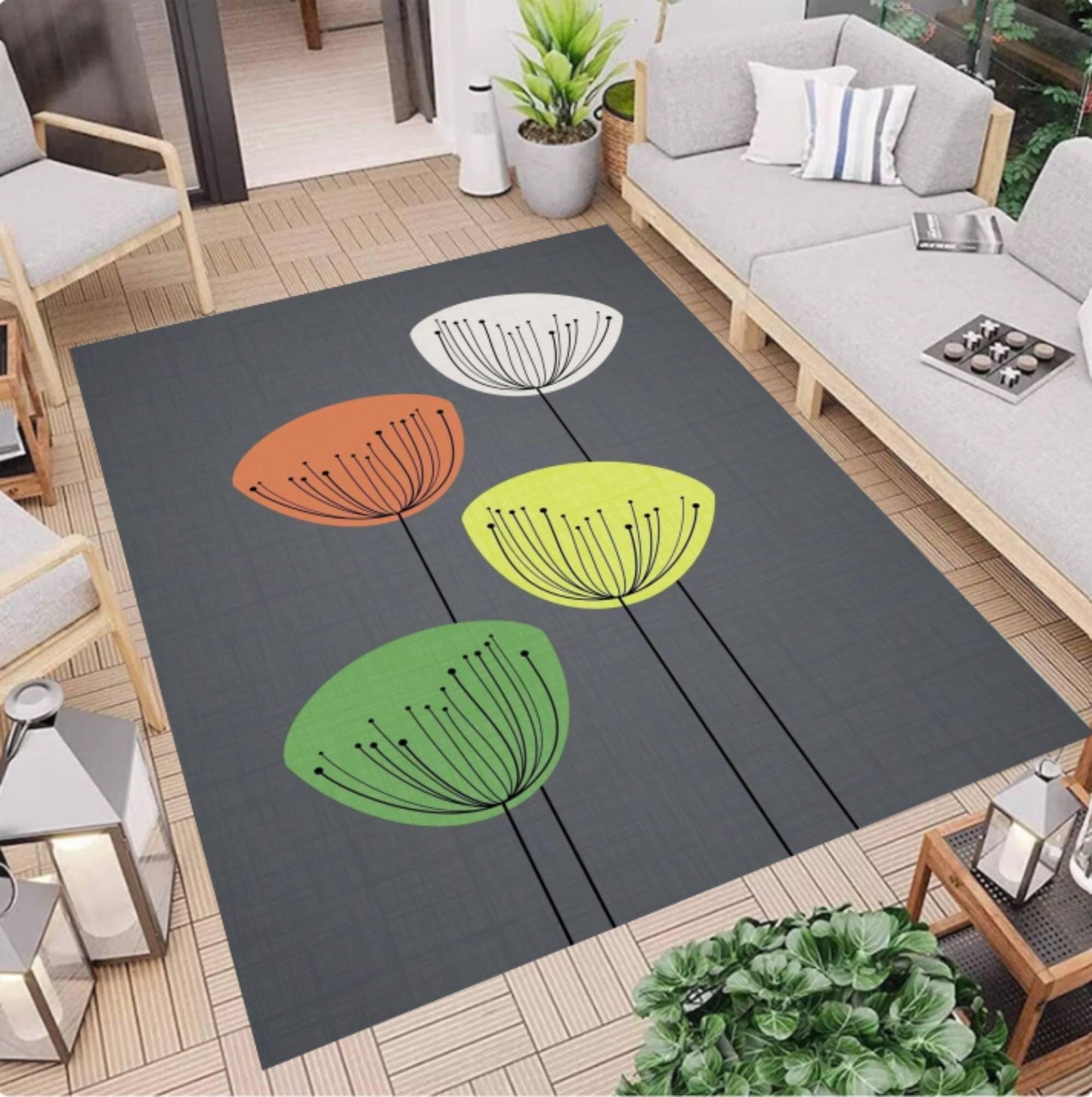 Mid-Century Modern Floral Rug - Minimalist Scandinavian Floral Area Rug