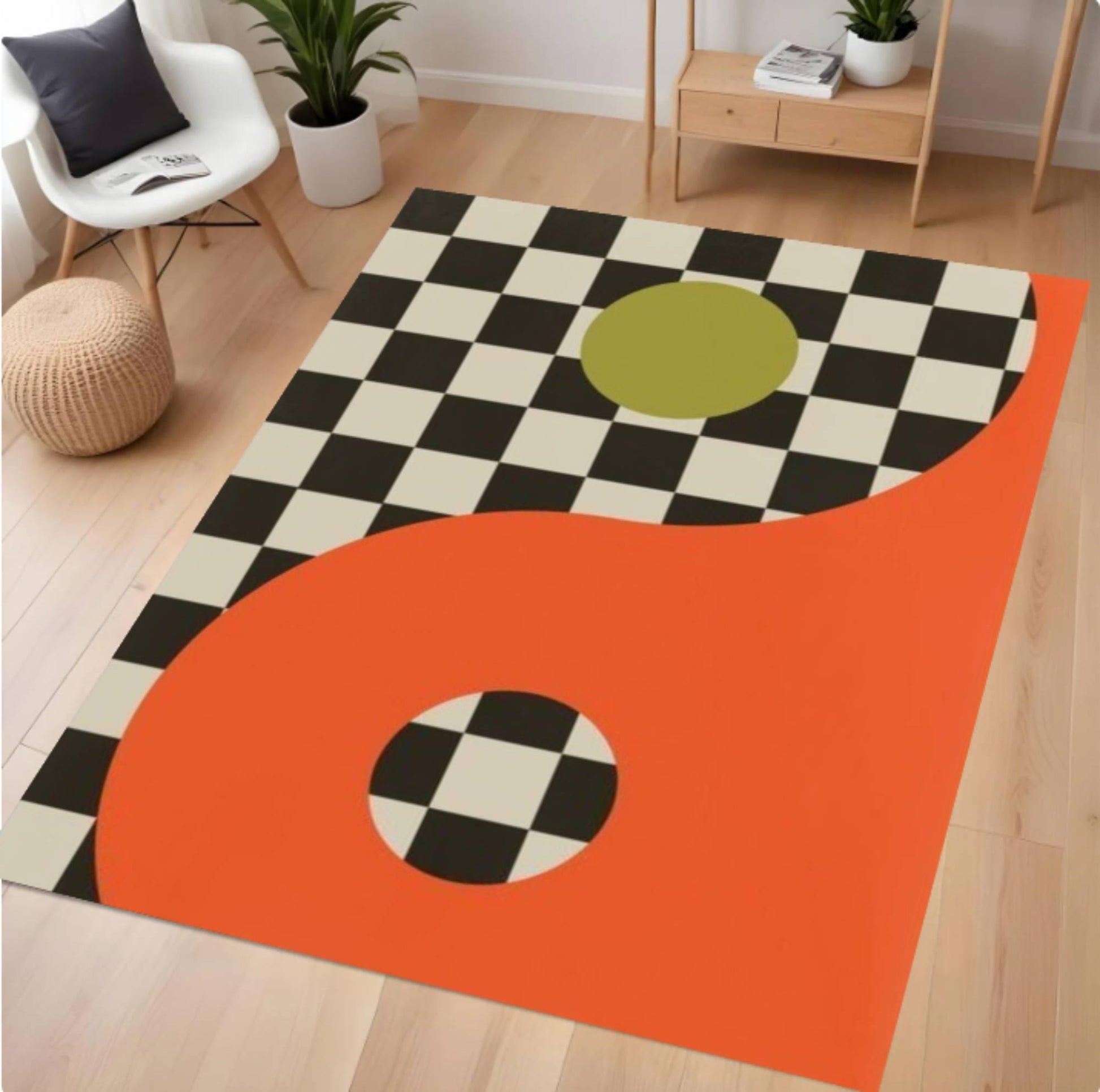 Geometric patterned rug with orange, black, white, and green colors on a wooden floor.