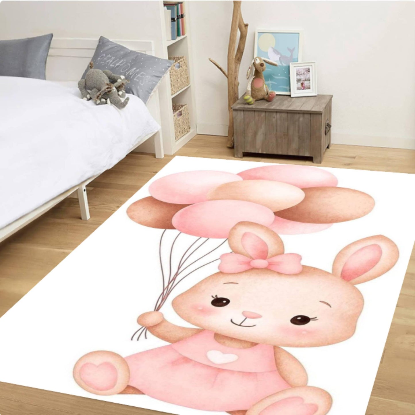 Pink Balloon Rabbit Baby Rug - Washable Kids' & Nursery Room Rug