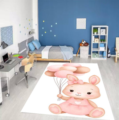 Cute Bunny Nursery Rug, Pink Balloon Rabbit Kids Room Carpet, Washable Area Rug, Non Slip Floor Mat, Baby Girl Playroom Decor