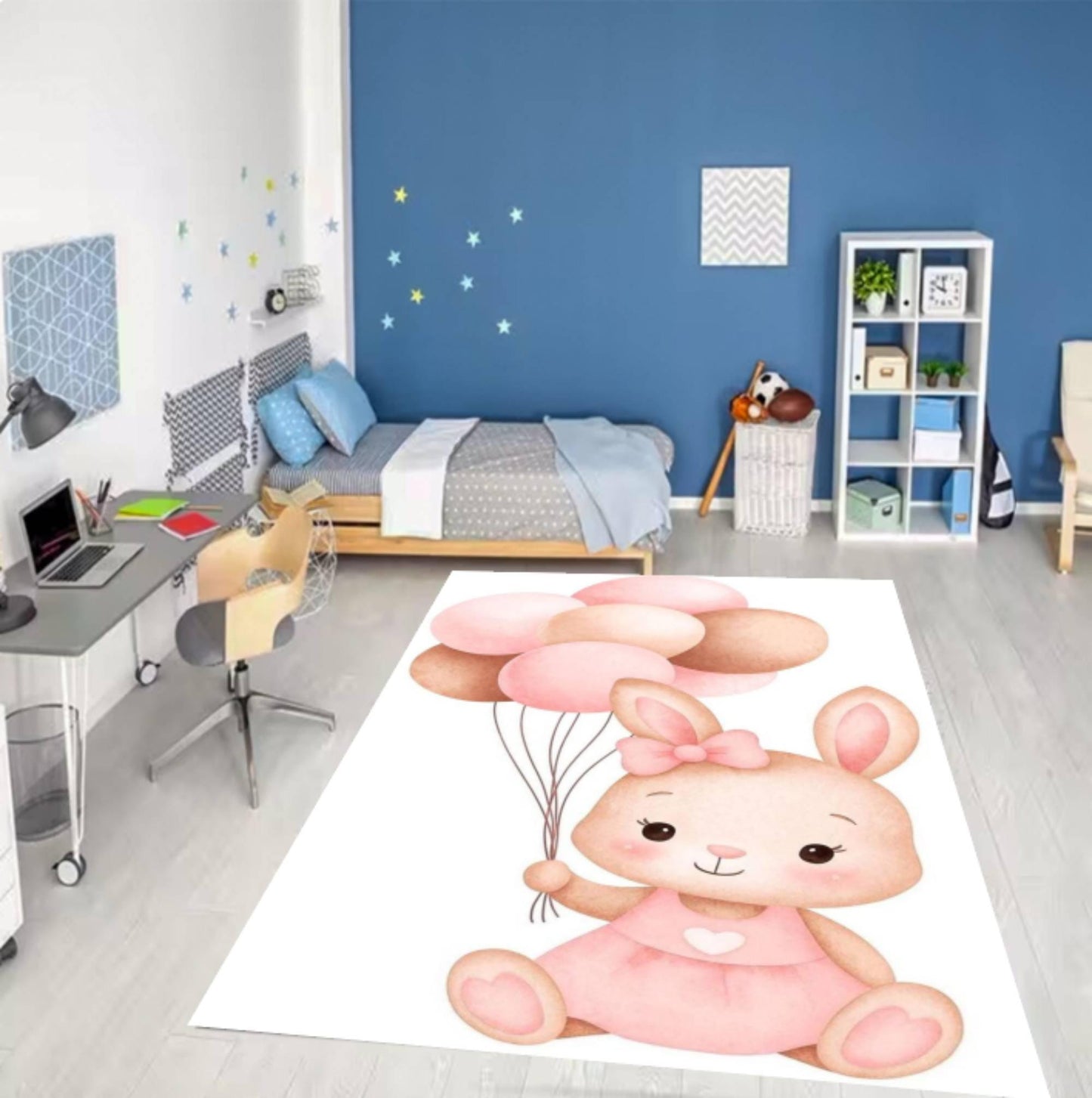 Pink Balloon Rabbit Baby Rug - Washable Kids' & Nursery Room Rug