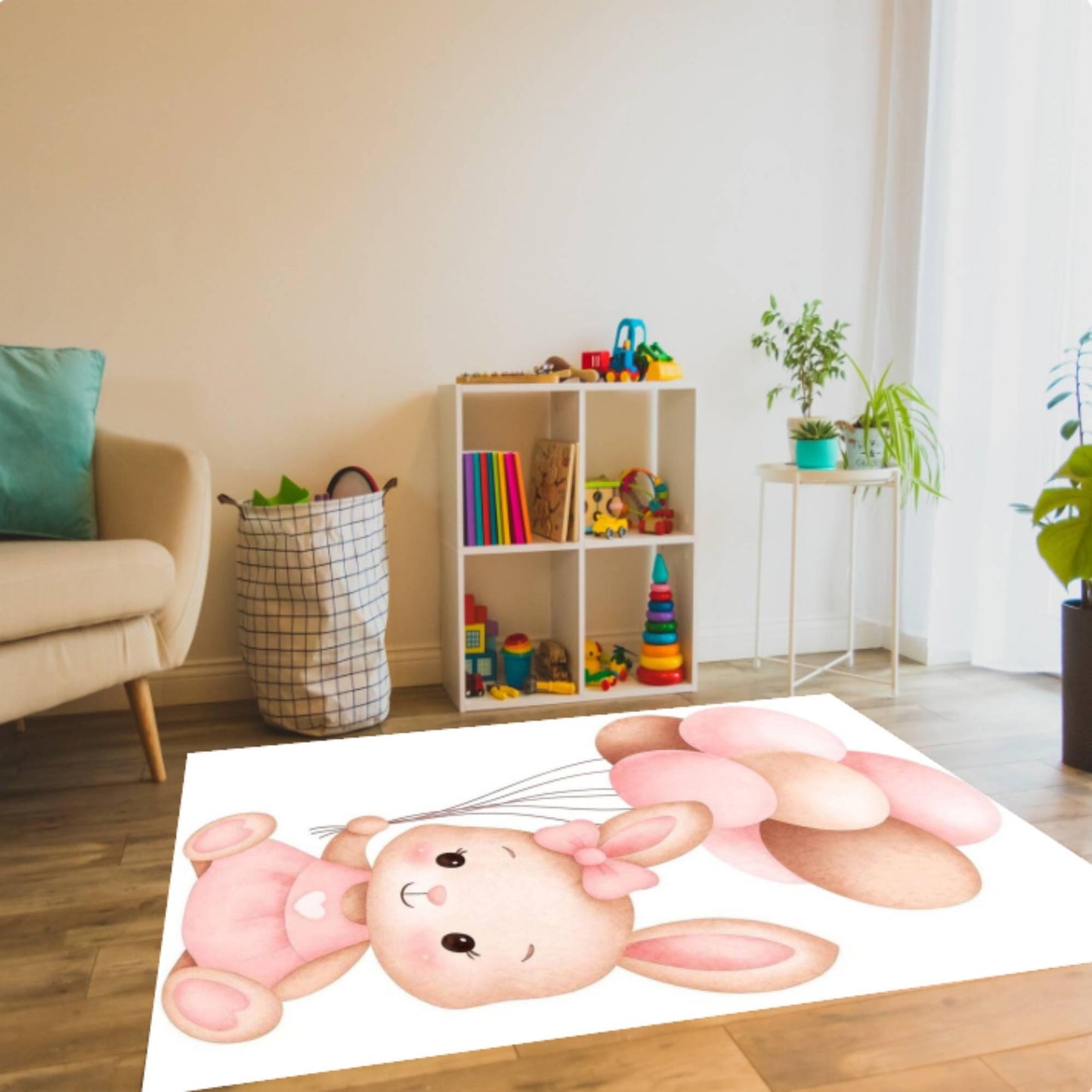 Pink Balloon Rabbit Baby Rug - Washable Kids' & Nursery Room Rug
