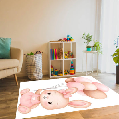 Pink Balloon Rabbit Baby Rug - Washable Kids' & Nursery Room Rug