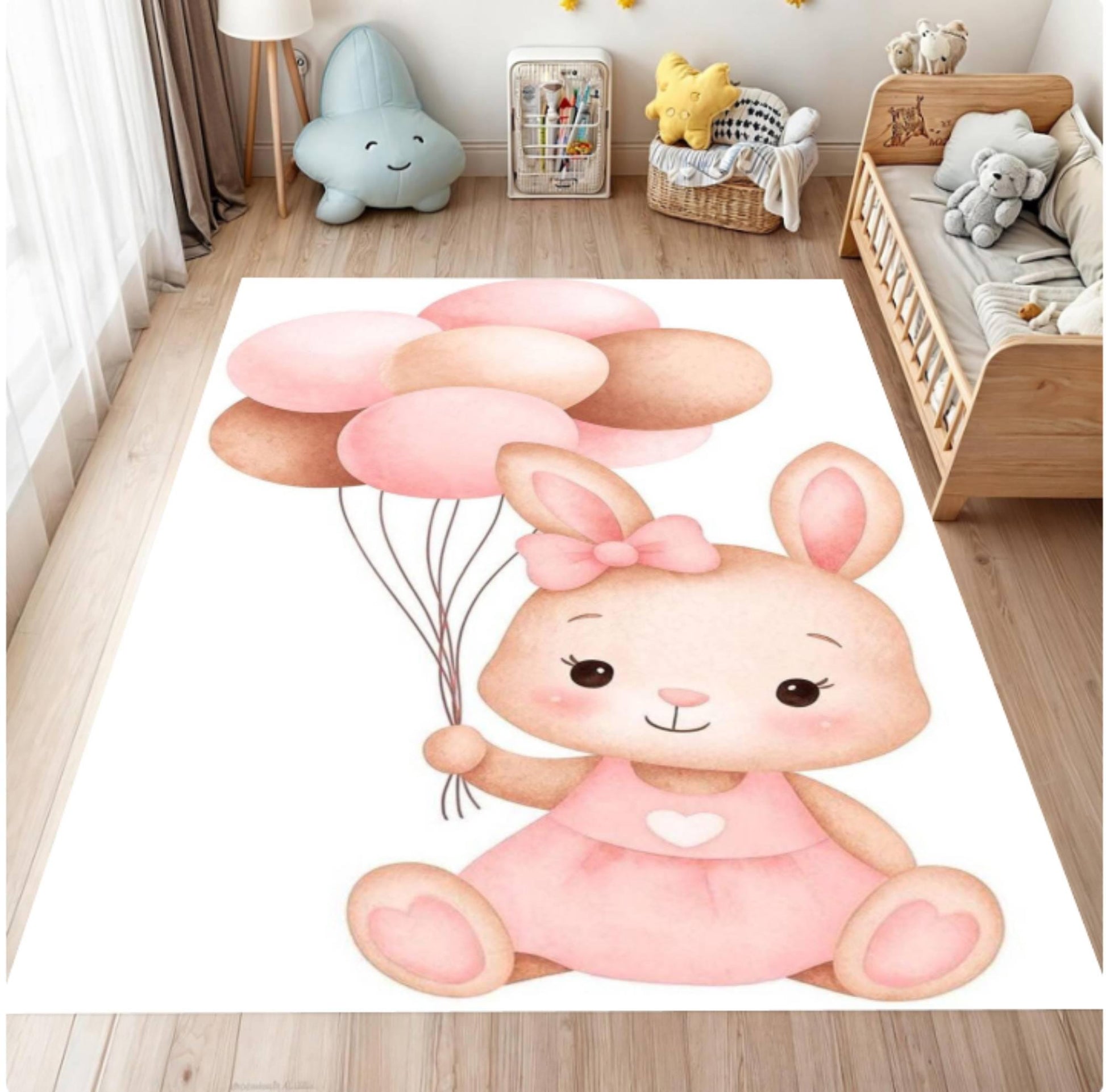 Cartoon bunny with balloons on a rug in a child's room