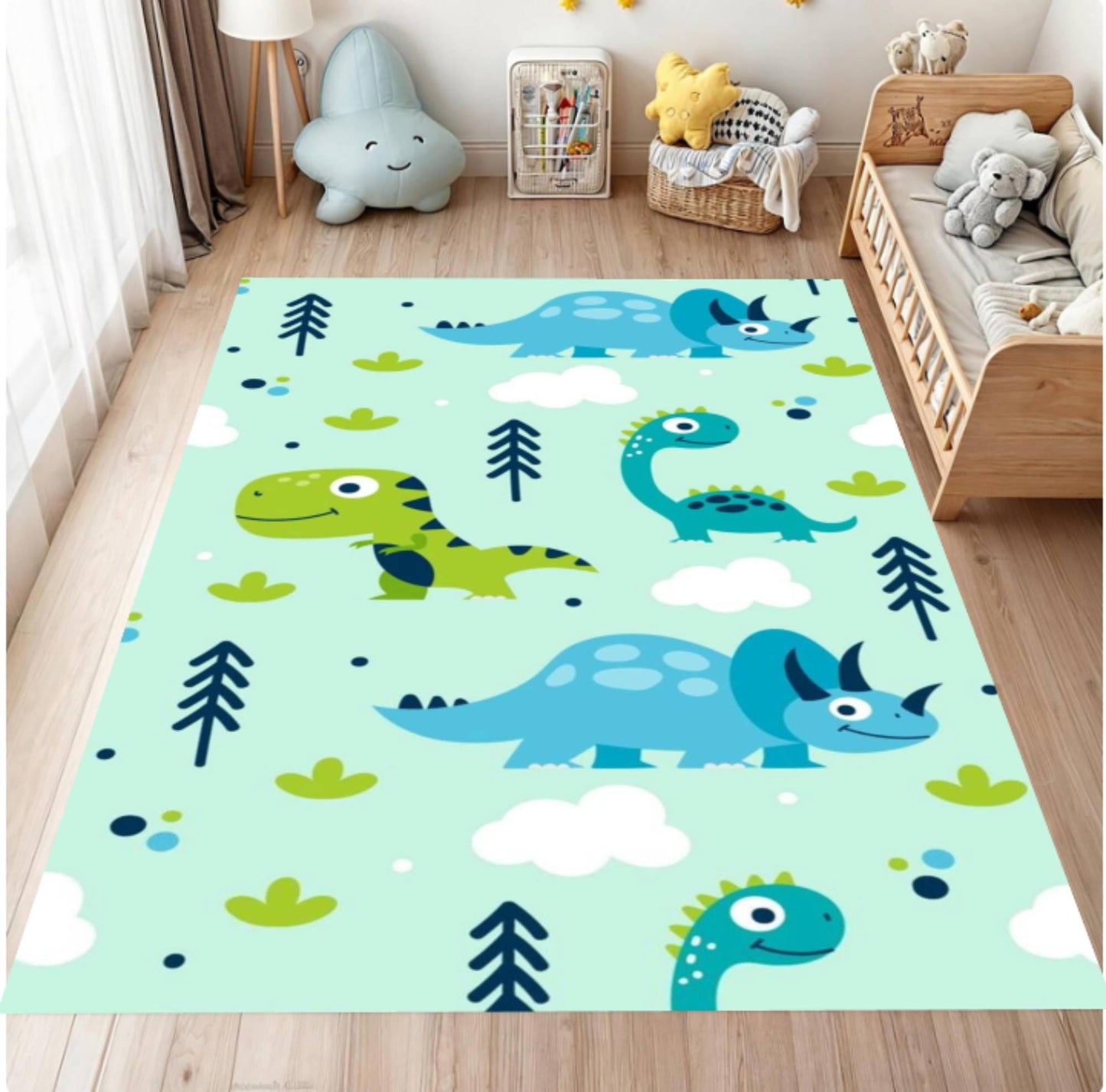 Children's room with a dinosaur-themed rug on the floor.