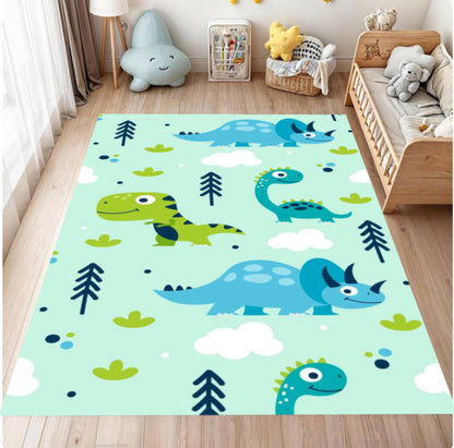 Children's room with a dinosaur-themed rug on the floor.