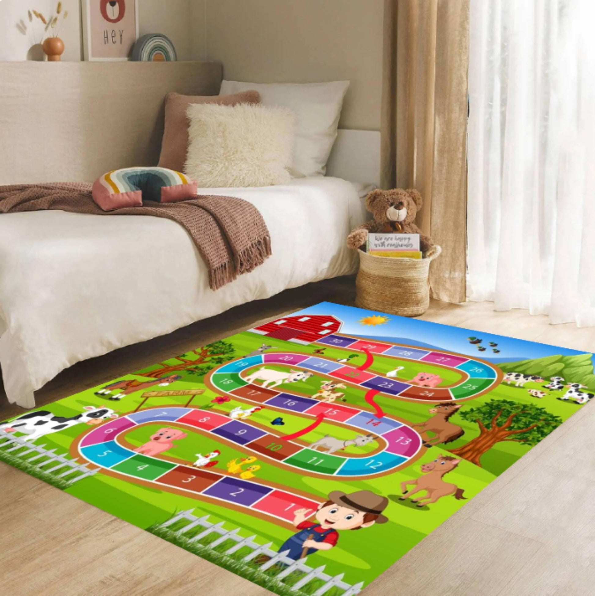 Kids Farm Play Rug, Washable Nursery Room Game Mat