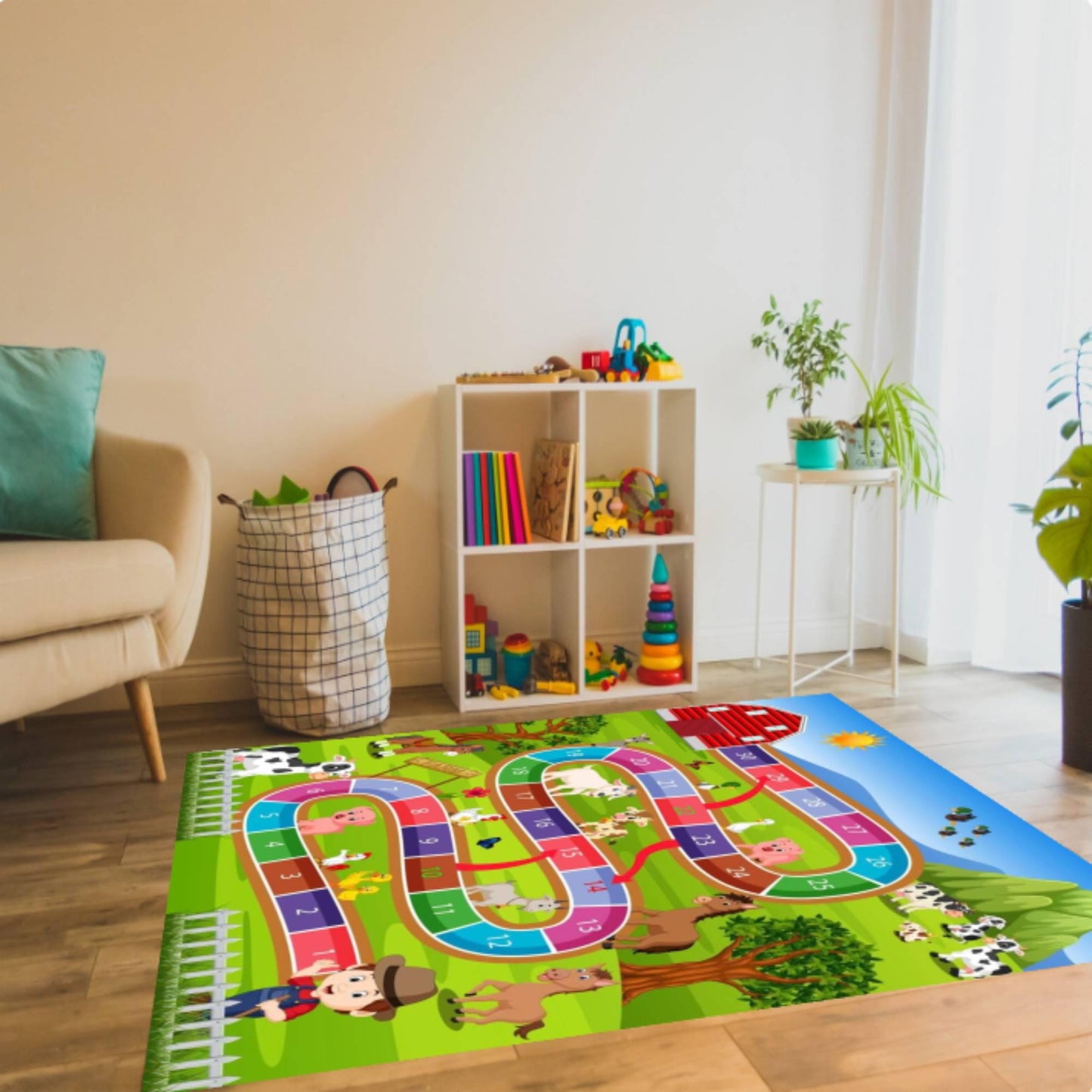 Kids Farm Play Rug, Washable Nursery Room Game Mat