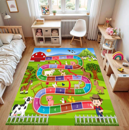 Kids Farm Play Rug, Washable Nursery Room Game Mat