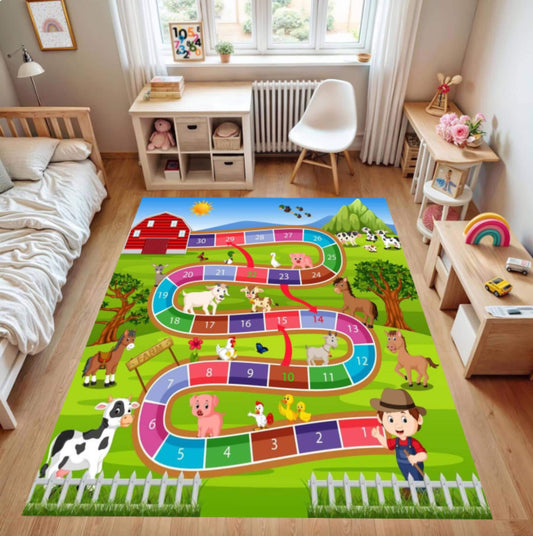 Kids Farm Play Rug, Washable Nursery Room Game Mat