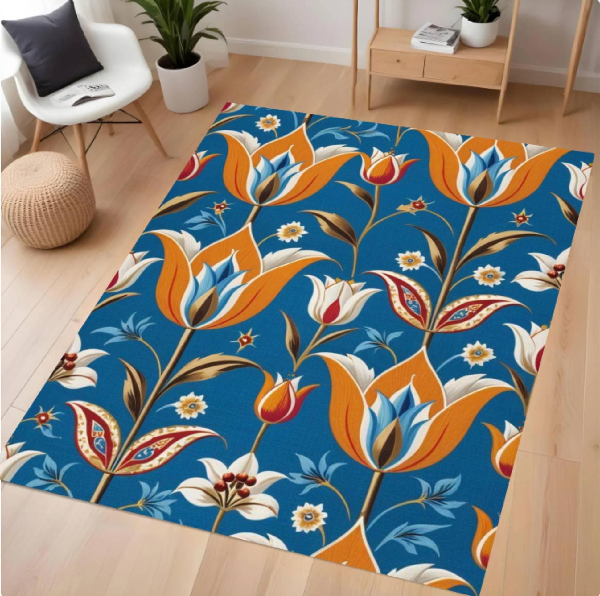 Floral patterned rug on a wooden floor with a chair and plants in the background.