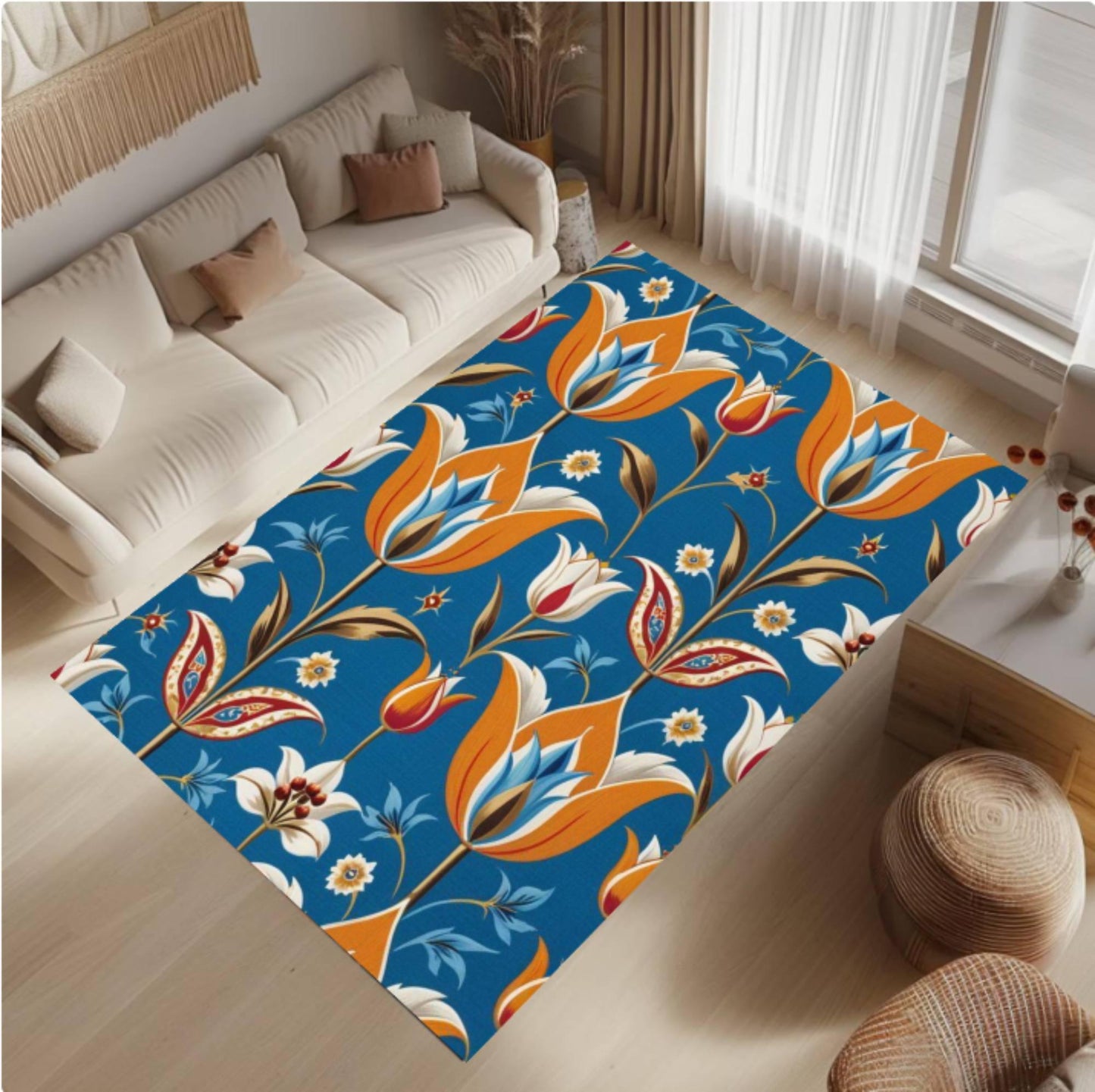 Blue Floral Turkish Vintage Area Rug
