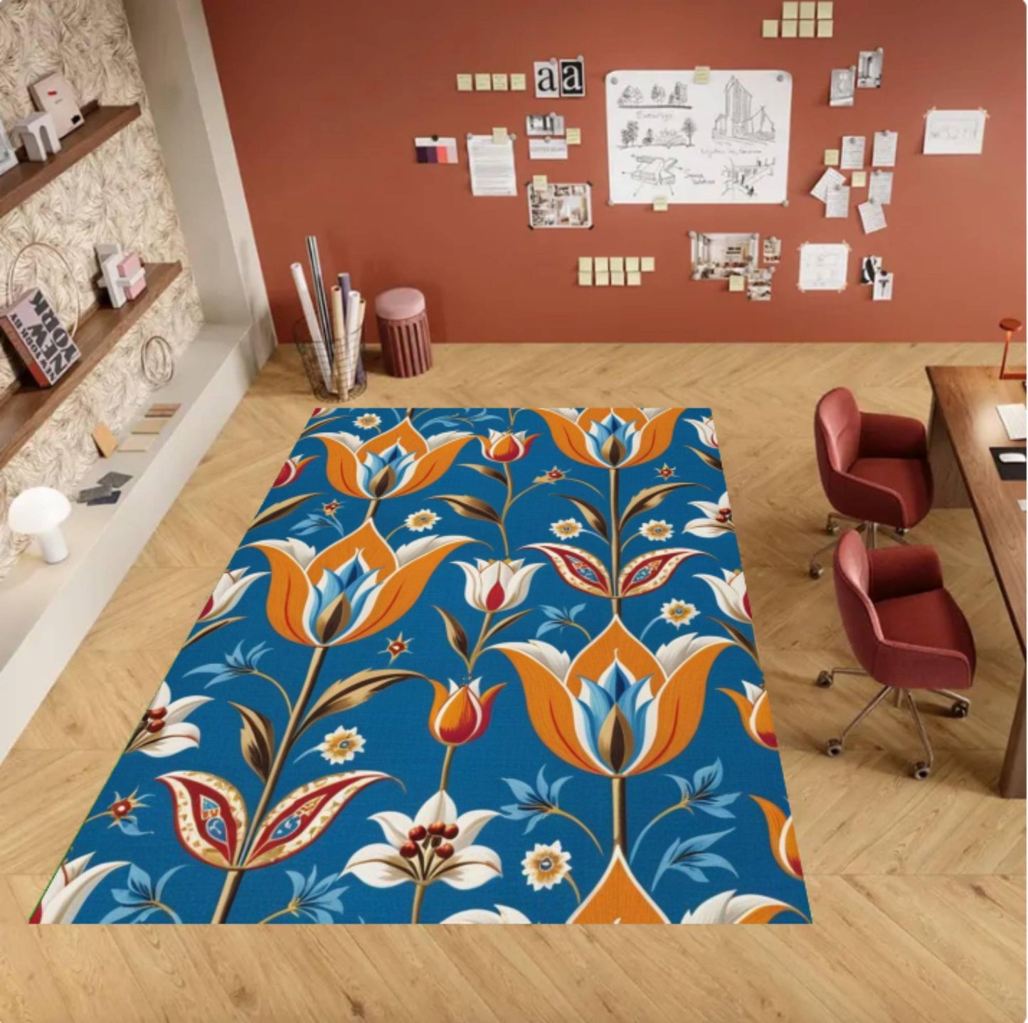 Blue Floral Turkish Vintage Area Rug