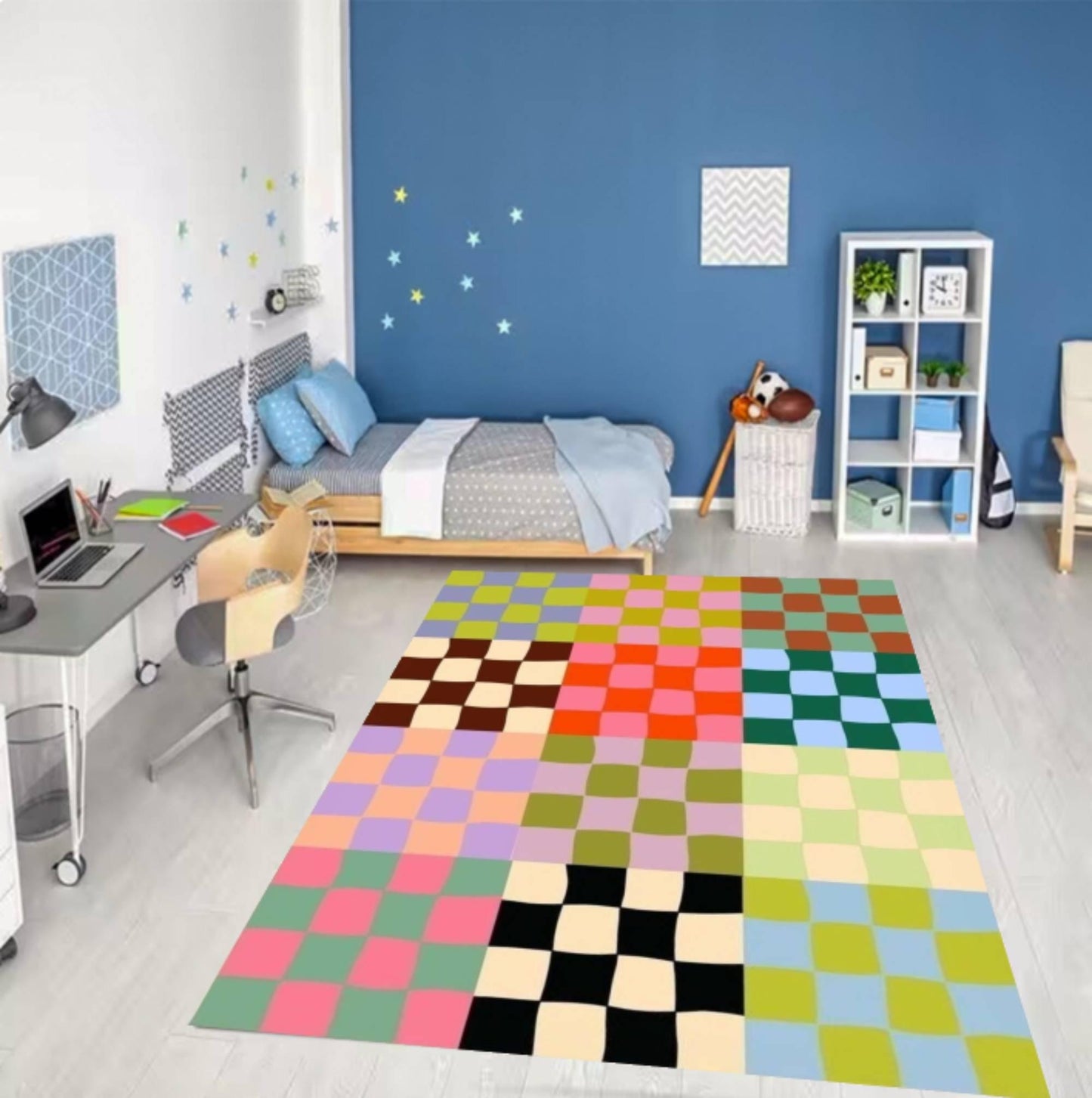 Colorful Checkerboard Rug Modern Abstract Rug Retro Patchwork Floor Decor