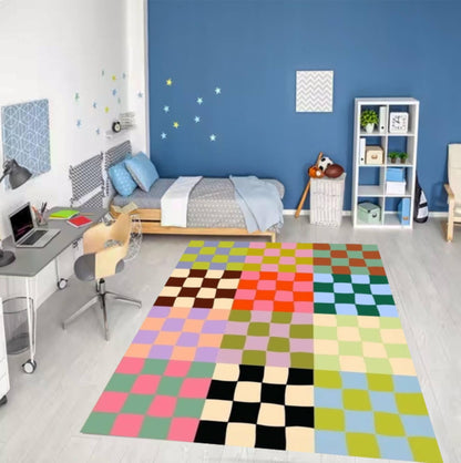Colorful Checkerboard Rug Modern Abstract Rug Retro Patchwork Floor Decor